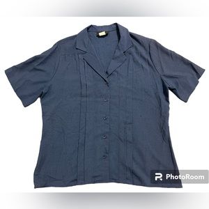 Vintage Lucia Navy Blue Button Down Short Sleeve Blouse Size S